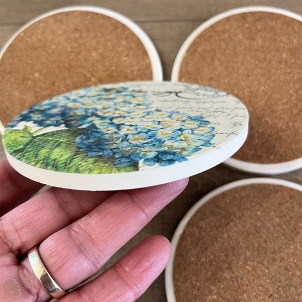 Hydrangea Floral‎ Stoneware Coasters Set of 4 Made USA Cork Backing Eco Friendly - Picture 4 of 12